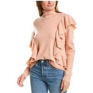 Naadam Wool Cashmere Ruffle Turtleneck Sweater Light Pink NWT Feminine Girly